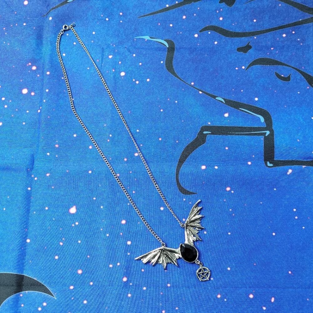 Signed JPL Bat Wing Pewter-tone Necklace Black Faceted Stone Pentacle Pentagram